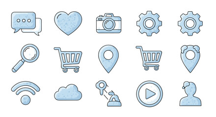 A collection of modern outline-style icons in a light blue watercolor texture, featuring chat bubbles, a heart, a camera, gears, a magnifying glass, shopping carts, map pins, Wi-Fi signal, a cloud, a