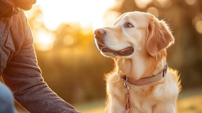 Golden retriever dog looking at person with warm golden sunset background conveying a calm and affectionate moment