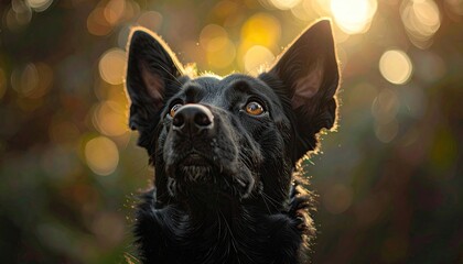 Close Up Portrait of a Black Shepherd Dog with Bokeh Lights and Golden Hour Sunlight Illuminating Its Fur and Expressive Face in Nature