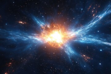 Bright cosmic explosion emitting fiery orange and blue light rays surrounded by stars in deep space