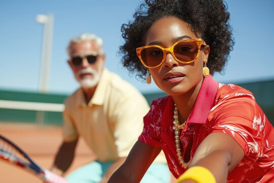 A stylish young woman in sunglasses plays tennis with an older man on a sunny court