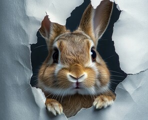close-up of a curious brown rabbit peeking through a torn hole in white paper with alert expression and bright eyes