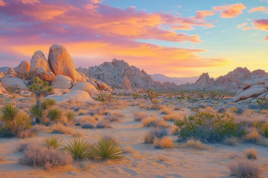 Desert landscape with large rocky formations and sparse desert vegetation under a colorful sunset sky with soft pink and orange clouds