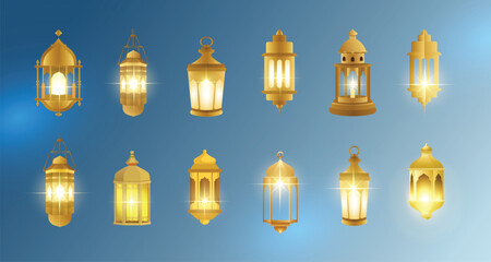 Collection of various Islamic Luxury Gold lanterns, amadan lanterns, Eid Al Adha lanterns, vector arts.