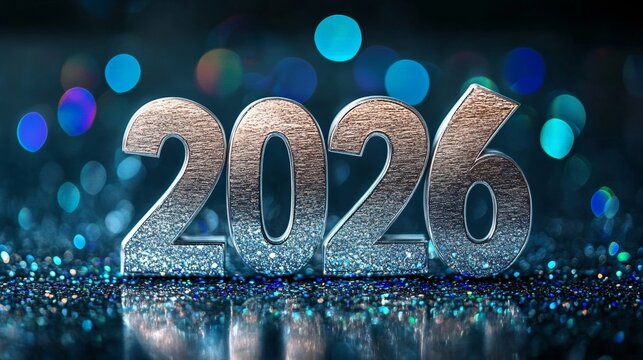 Elegant metallic 2026 digits shimmer vividly against a colorful backdrop of twinkling lights.