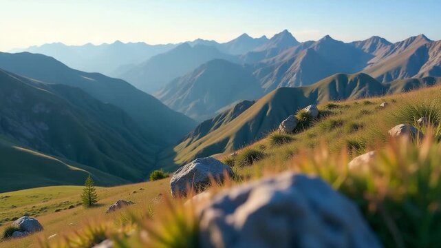 Video A scenic landscape  of a mountain range with rocks and grass in the foreground, suitable for outdoor or nature-themed projects