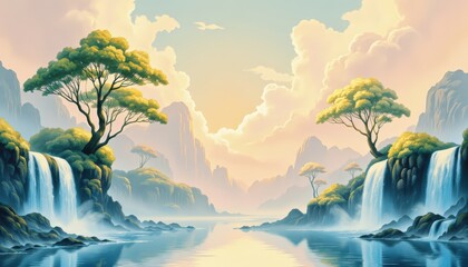 Majestic Waterfall Landscape Scenic View Digital Art Illustration