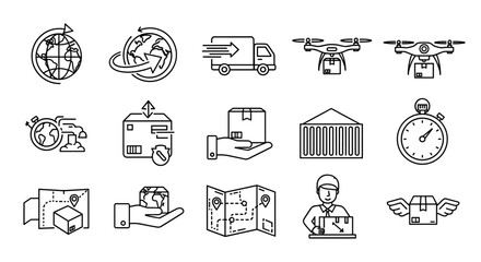 Global delivery outline icons set, representing logistics, shipping, and transportation services. Includes icons for worldwide shipping, trucks, drones, packages, maps, and time tracking, perfect for
