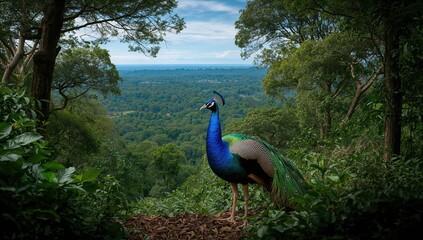 Obraz premium A Peacock perched among trees, showcasing vibrant foliage, highlighting the beauty of wildlife