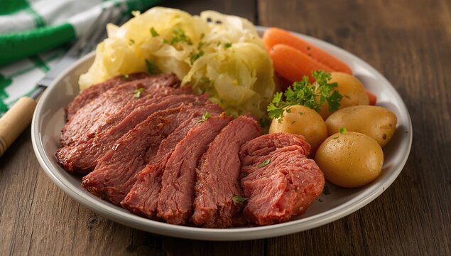 Sliced corned beef served alongside cabbage, potatoes, and carrots, traditional Irish fare for celebratory gatherings