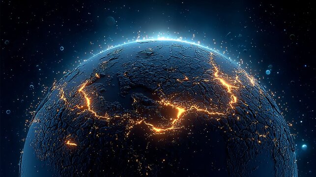 Mysterious Globe with Glowing Cracks and Sparkling Lights, Reflecting Deep Space and Unknown Forms