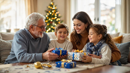 Multigenerational Hanukkah family celebration with gifts and menorah