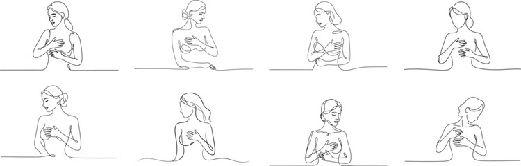 Set of woman breast health breast cancer awareness line arts vector art.