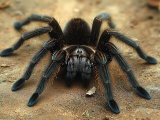 Close-up of a large hairy tarantula spider standing on a rough dirt surface, showcasing its detailed legs and body with vivid textures and natural coloration
