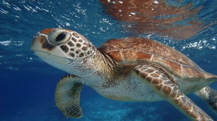 Obraz premium Graceful Sea Turtle Swimming Beneath Crystal Clear Ocean Waves in Vibrant Underwater Environment