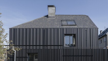 Obraz premium Metal Standing Seam Cladding on Upper Level of Contemporary Home Featuring Grey Tiled Roof with Rainwater Drainage System