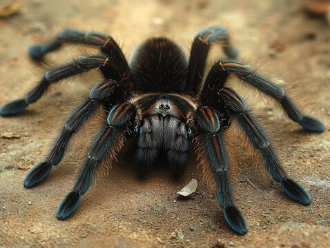 Close-up of a large hairy tarantula spider standing on a rough dirt surface, showcasing its detailed legs and body with vivid textures and natural coloration