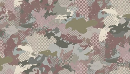 Seamless camouflage pattern with spring landscape colors and checkered designs, ideal for textile applications
