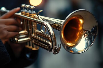 Fototapeta premium close-up of a person playing a shiny golden trumpet with blurred background and warm lighting