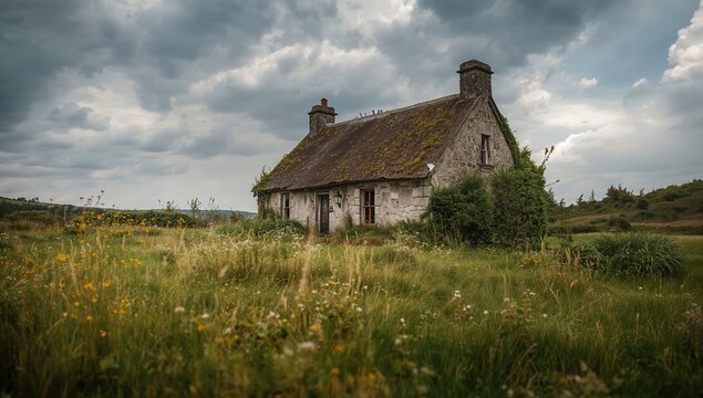 Abandoned cottage in a rural setting, highlighting erosion risk