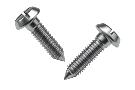 Two metal screws isolated on transparent background, close up
