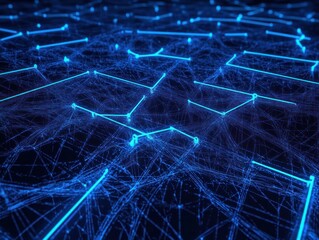 Abstract digital network with glowing blue nodes and interconnected lines forming a complex web on a dark background, conveying high-tech connectivity and data flow