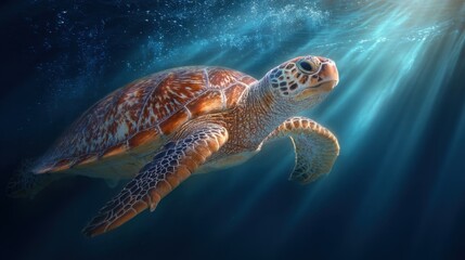 Fototapeta premium Majestic Sea Turtle Swimming Gracefully Underwater with Sunlight Rays Illuminating the Depths of the Ocean