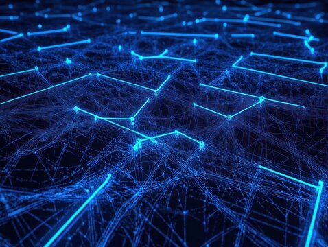 Abstract digital network with glowing blue nodes and interconnected lines forming a complex web on a dark background, conveying high-tech connectivity and data flow