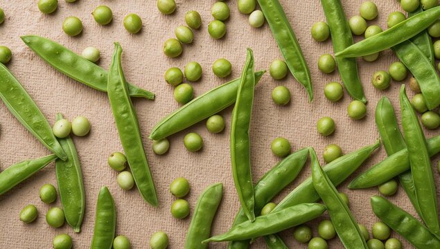 Flat lay of green peas, vibrant and fresh, suitable for a healthy recipe backdrop