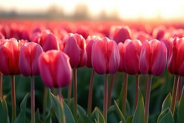 Field of pink tulips illuminated by warm sunrise light creating a serene and peaceful atmosphere
