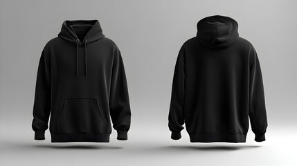 Showcasing versatile blank black hoodies front and back for modern apparel branding and design mockups