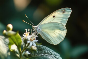 close-up of a pale white butterfly with black spots perched on delicate white flowers with green leaves in soft natural light