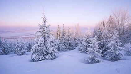 Fototapeta premium Frozen winter forest featuring snow-laden trees, seasonal change