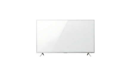 Isolated white television set on a black background with a blank screen and stand legs visible