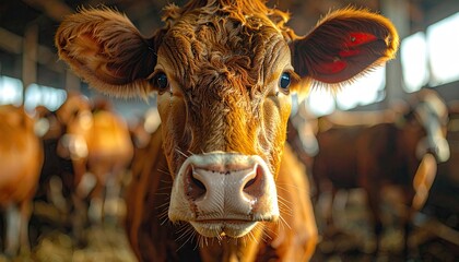 Close Up Portrait of Brown Cow in Farm Barn with Bright Lighting