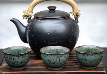A rustic black teapot with a bamboo handle accompanied by three green speckled ceramic cups on a wooden tray, evoking a calm and traditional tea setting
