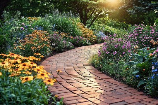 curved brick pathway surrounded by vibrant flowering plants and lush greenery under warm sunlight in a peaceful garden setting