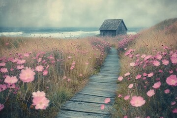 Wooden pathway leading through a field of pink flowers and tall grass towards a small rustic wooden cabin under a cloudy sky near the ocean