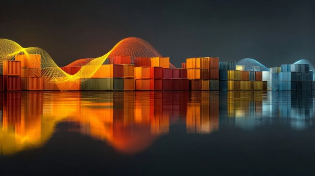 Dynamic port sceneries: capturing the heart of global logistics. Signal transmission. Majestic port view with adjusted container positions in international trade. Fiber optics. Wireless data.