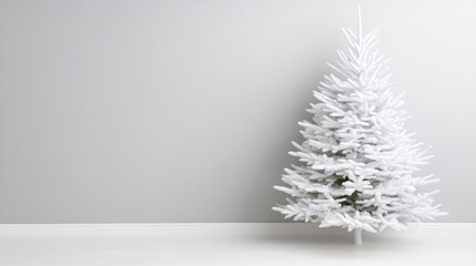 Charming white fur Christmas tree surrounded by simplicity and elegance in a soft, neutral setting