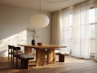 A large wooden dining table with a lamp hanging above it. The table is surrounded by chairs and a vase with flowers on it