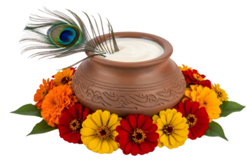 Clay pot with yogurt and peacock feather isolated on transparent background