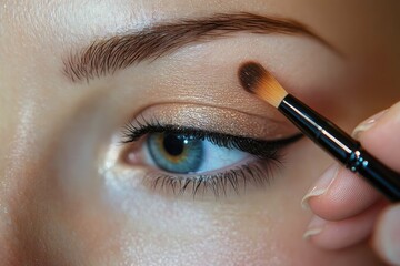 Naklejka premium Close-up of a blue eye with shimmery gold eyeshadow being applied using a makeup brush on the eyelid, showcasing detailed eyelashes and eyebrow