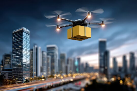Delivery drone carrying a yellow package flying over a modern city skyline.