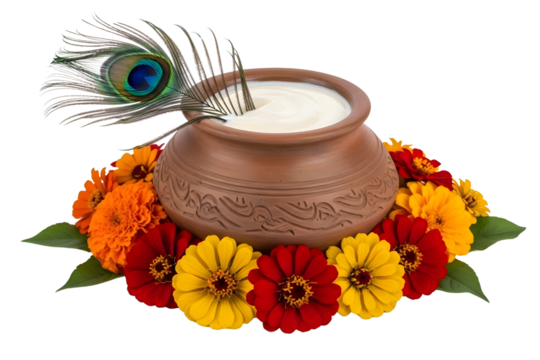 Clay pot with yogurt and peacock feather isolated on transparent background
