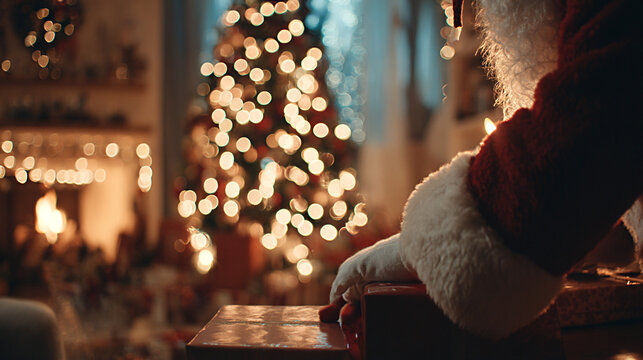 Santa Claus placing gifts under a beautifully decorated Christmas tree in a cozy living room, surrounded by warm lights and festive decorations creating a joyful holiday atmosphere - Powered by Adobe