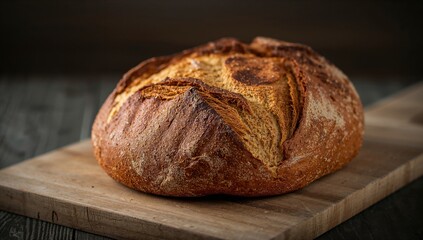Close-up of a rustic loaf of farmhouse bread on a vintage wooden board