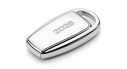 Sleek silver fob with the year 2026 embossed, symbolizing future technology and innovation.
