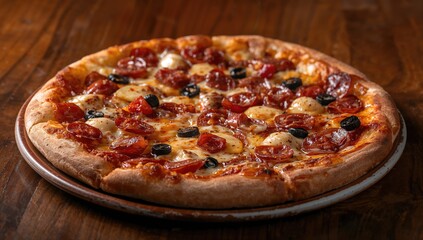 Mixed pizza featuring a variety of rich toppings, emphasizing diverse flavor profiles, food choice awareness.
