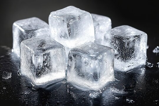 Close-up of six transparent ice cubes melting on a dark surface with water droplets and a cold, refreshing appearance